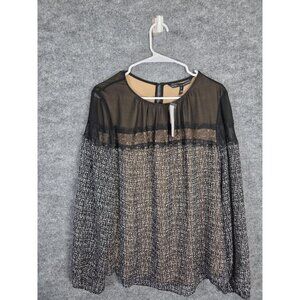 White House Black Market Blouse Womens 14 Black Ecru Sheer Lace Long Sleeve NWT